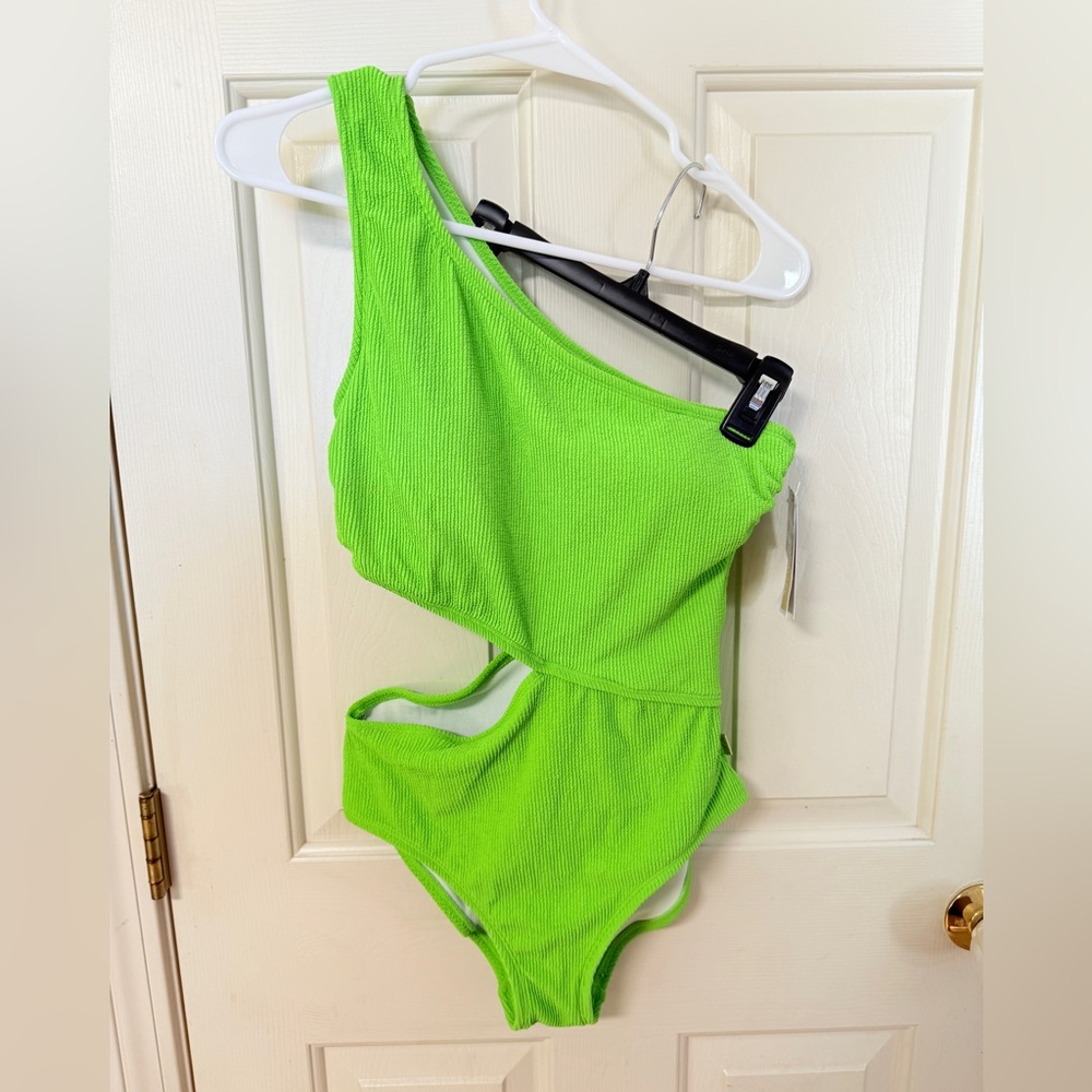 MICHAEL Michael Kors Women's Ribbed One-Shoulder Side-Cutout Swimsuit - Green